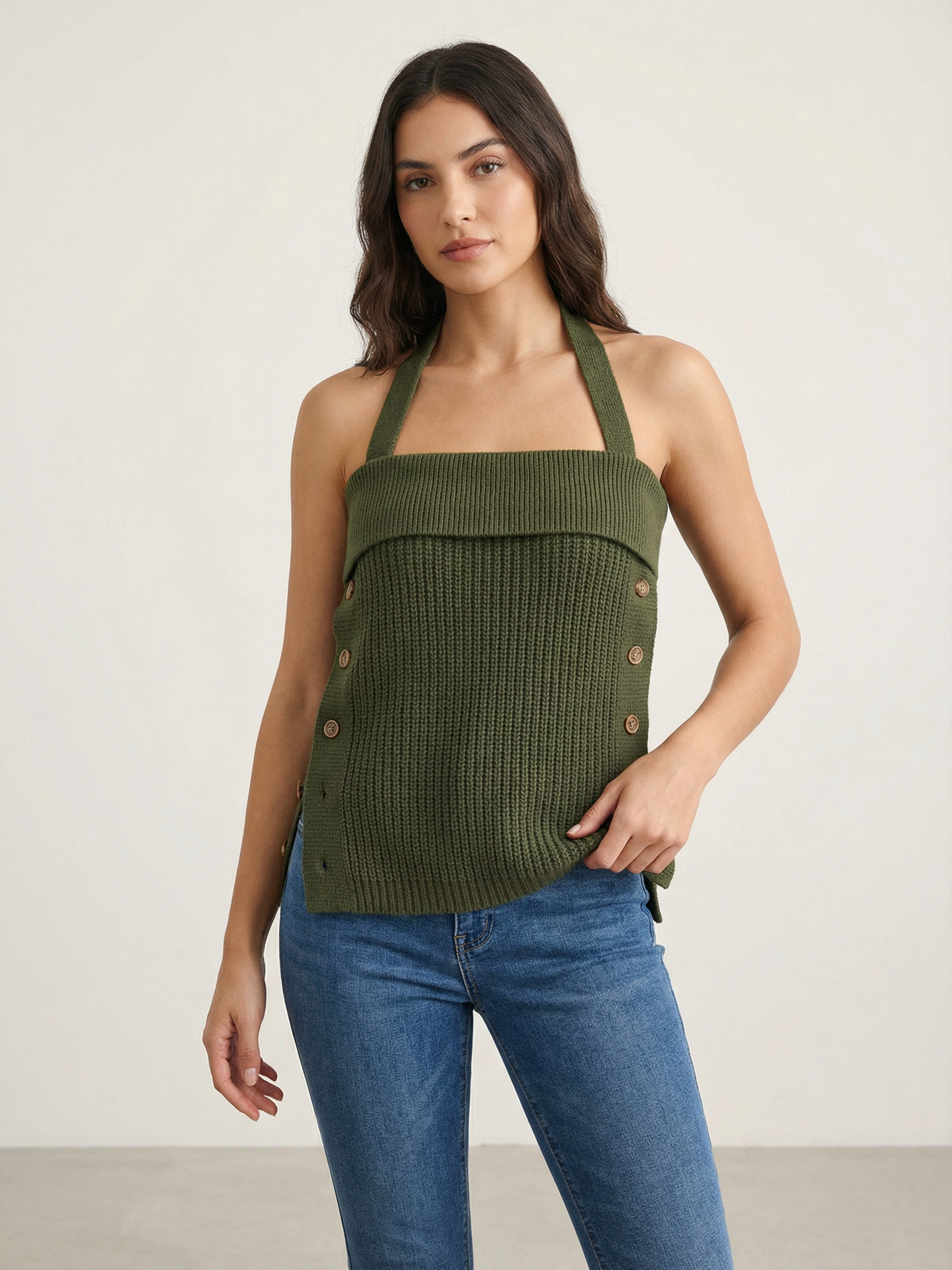Olive Green Knitted Halter Tube Top With Button Detail