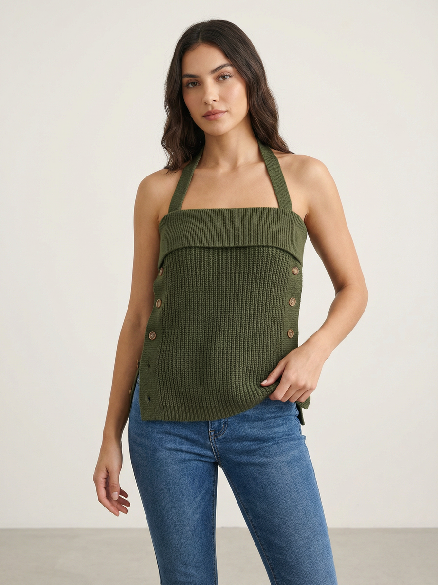 Olive-green ribbed knit halter tube top with folded neckline and brown side buttons.