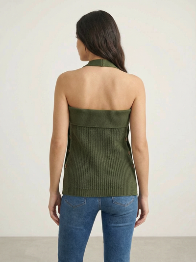 Olive Green Knitted Halter Tube Top With Button Detail