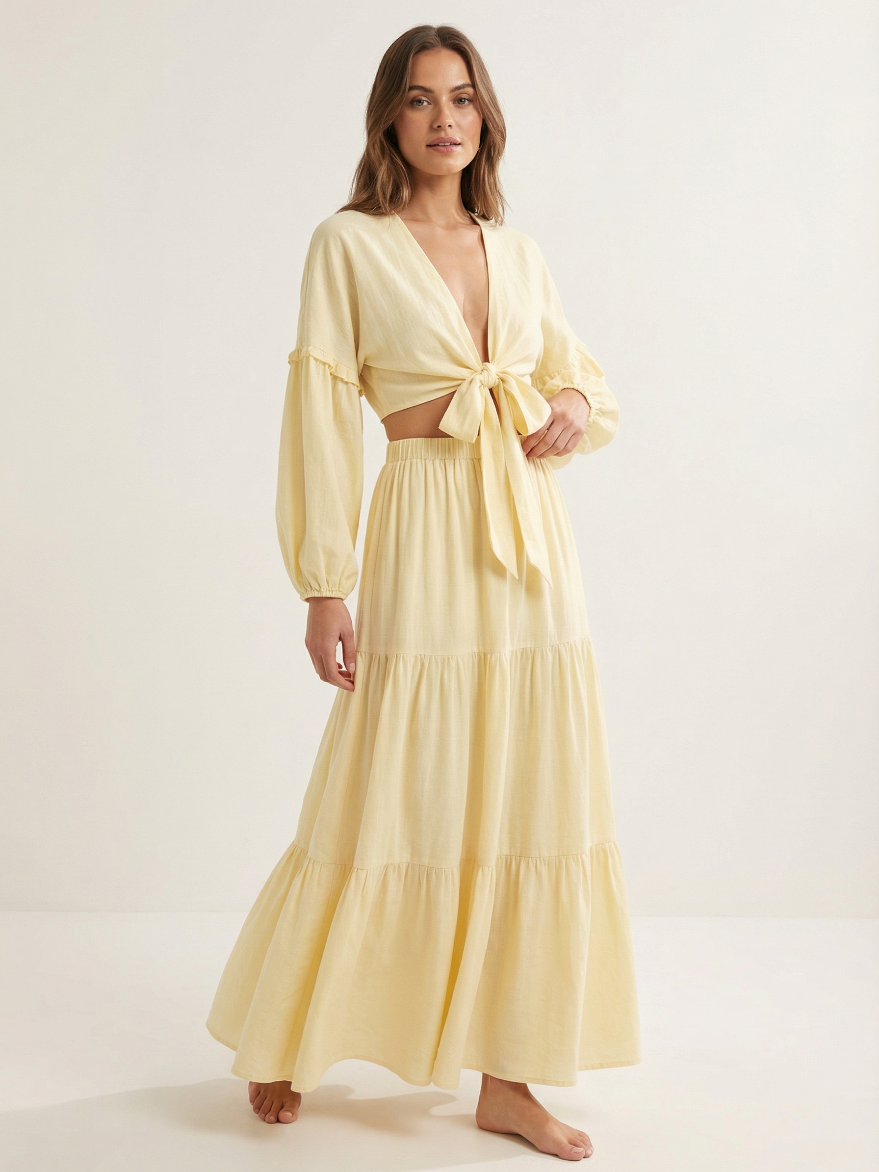 Yellow Boho Tie‑Front Crop Top and Tiered Maxi Skirt Co‑ord Set