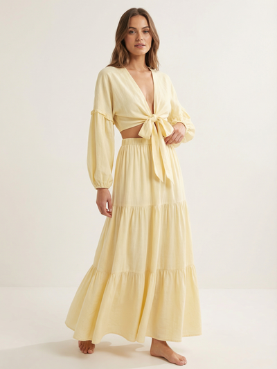 Yellow Boho Tie‑Front Crop Top and Tiered Maxi Skirt Co‑ord Set