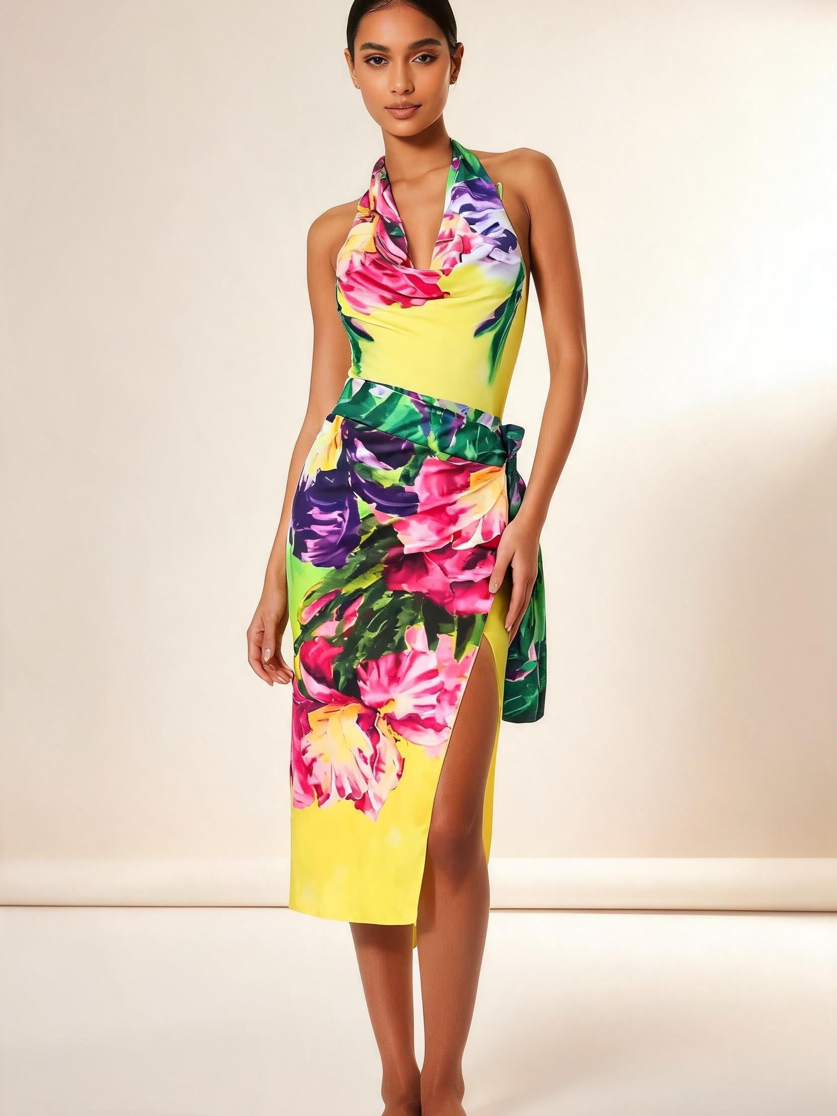 Tropical Sunrise Halter One-Piece Swimsuit by Exclusives, bright floral yellow-pink-green print, on sale