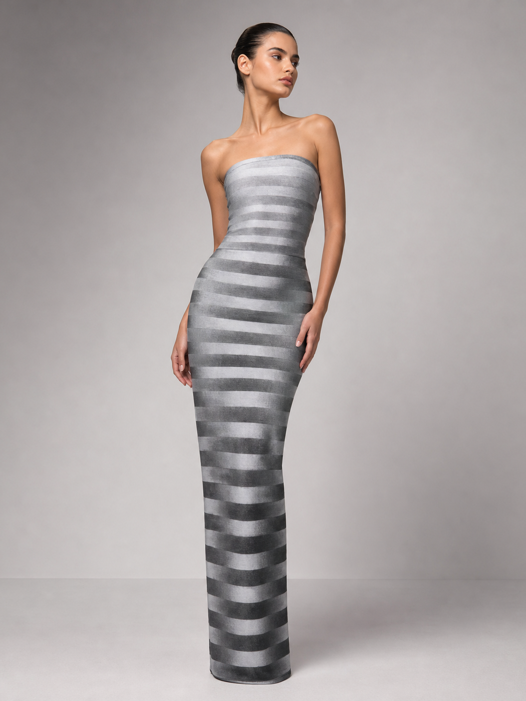 Silver Horizon Strapless Column Dress by Exclusives; metallic silver striped fabric, floor-length, dresses on sale.