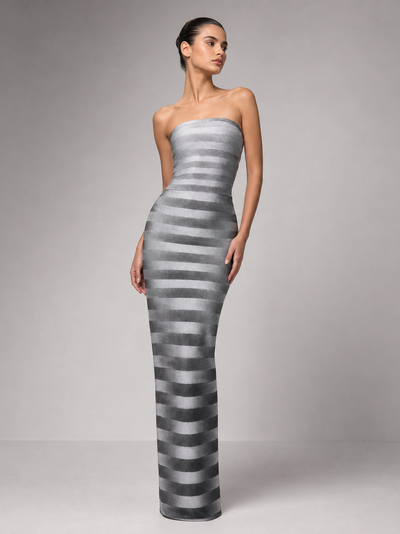 Silver Horizon Strapless Column Dress by Exclusives; metallic silver striped fabric, floor-length, dresses on sale.