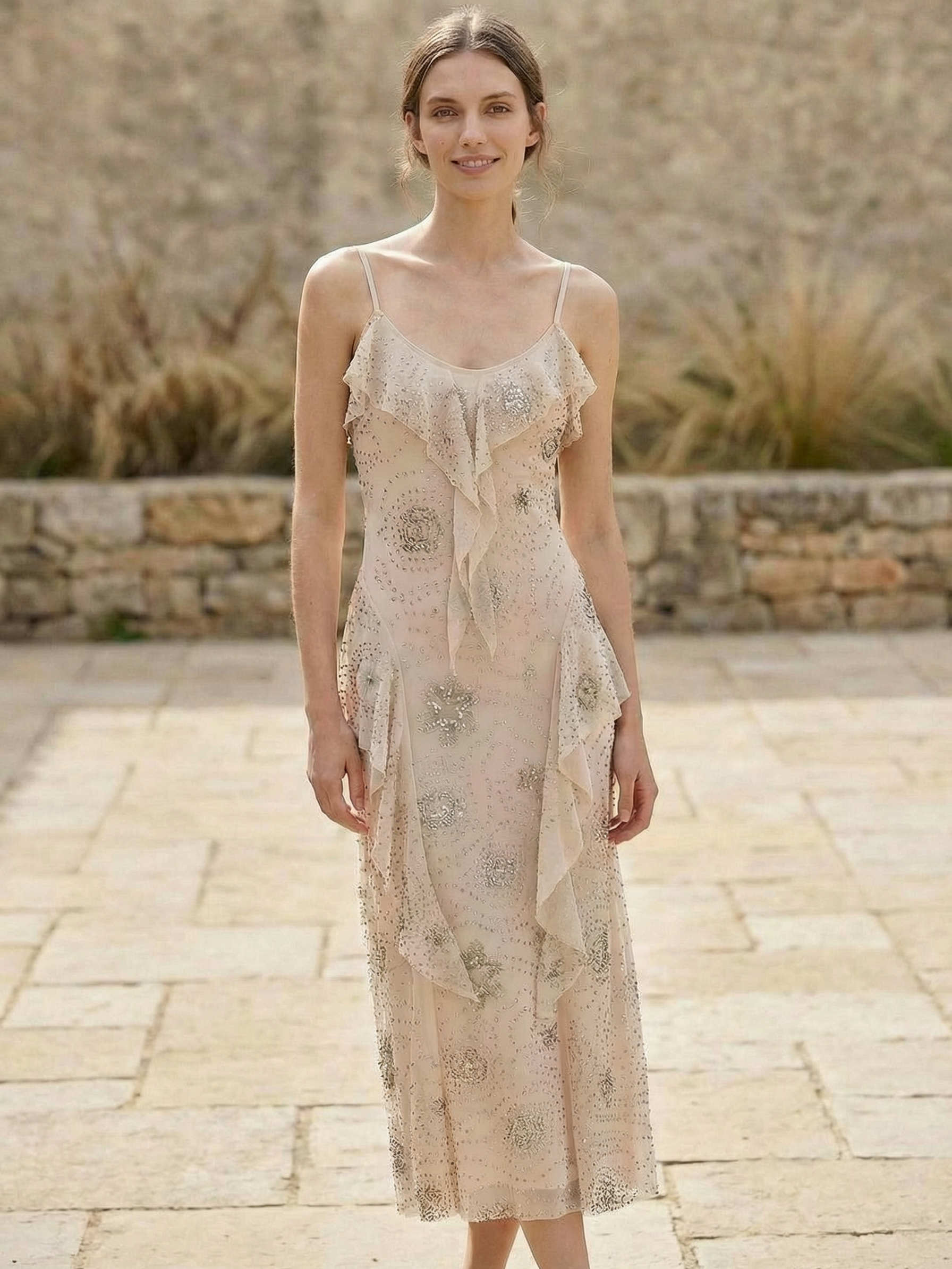 Celestial Ruffle Embellished Midi Dress, beige with layered ruffles and subtle sparkle, Exclusives