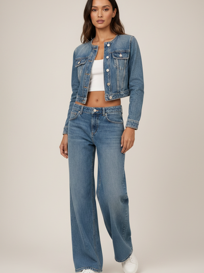 2-piece blue denim waist coat & wide-leg pant coord set on sale
