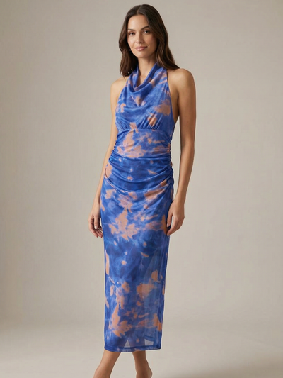 Ombre Print Halter Cowl Neck Maxi Dress
