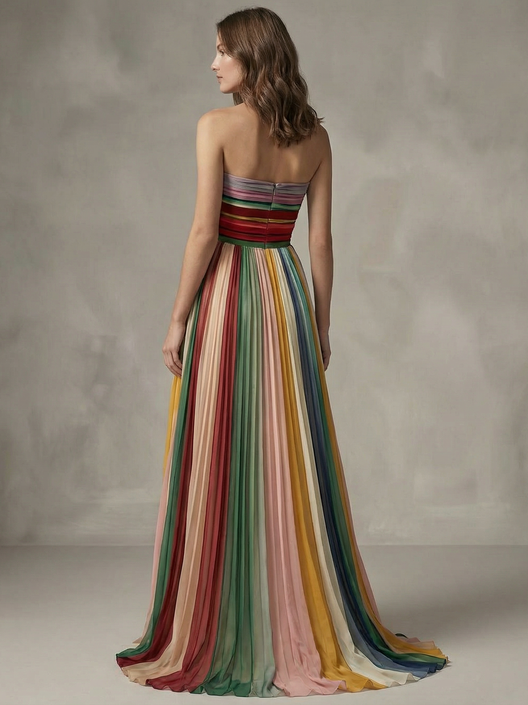 Rainbow Pleated Strapless Maxi Dress