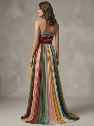 Rainbow Pleated Strapless Maxi Dress
