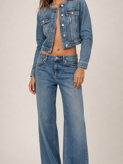 Denim waist coat and wide-leg pant coord set, blue denim, on sale.