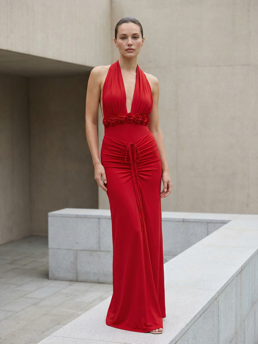 Crimson Drape Halter Swimsuit & Ruched Maxi Skirt Set by Exclusives; red halter with floral waist detail