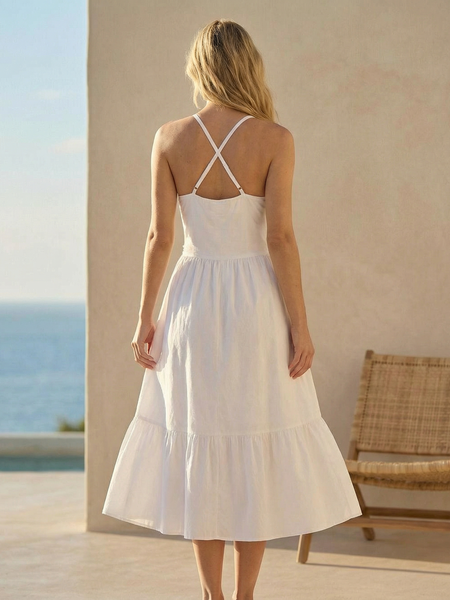 Back view of a white halter-neck midi dress with crisscross straps and a tiered skirt, worn by a woman by the sea.