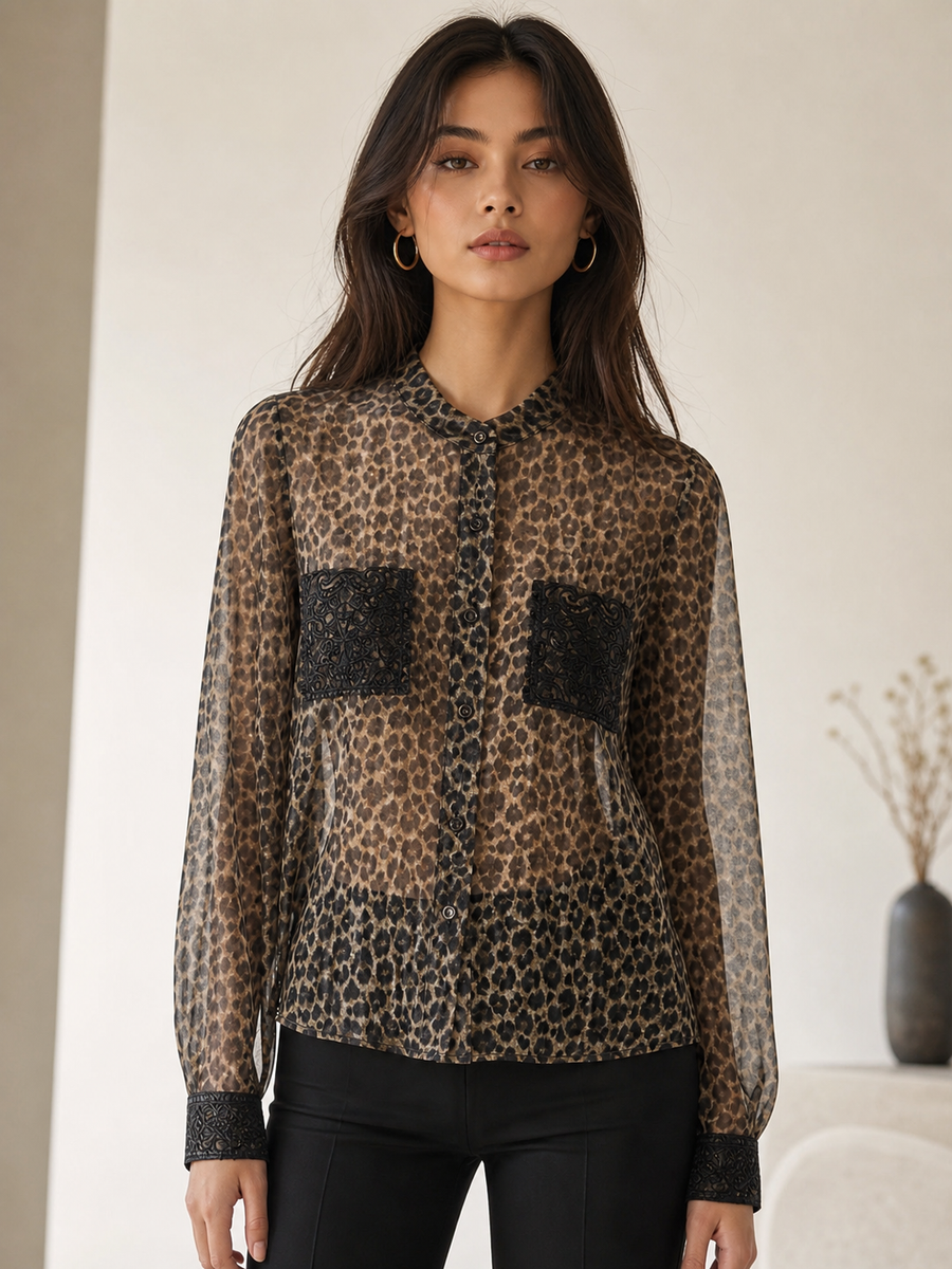 See-Through leopard print shirt with sheer sleeves and lace pockets by EXCLUSIVES.