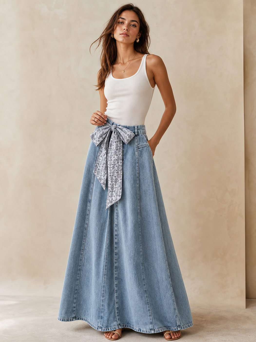 Soft Horizon Denim A-Line Skirt by Exclusives, light-wash denim maxi with paisley belt