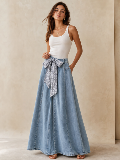 Soft Horizon Denim A-Line Skirt by Exclusives, light-wash denim maxi with paisley belt