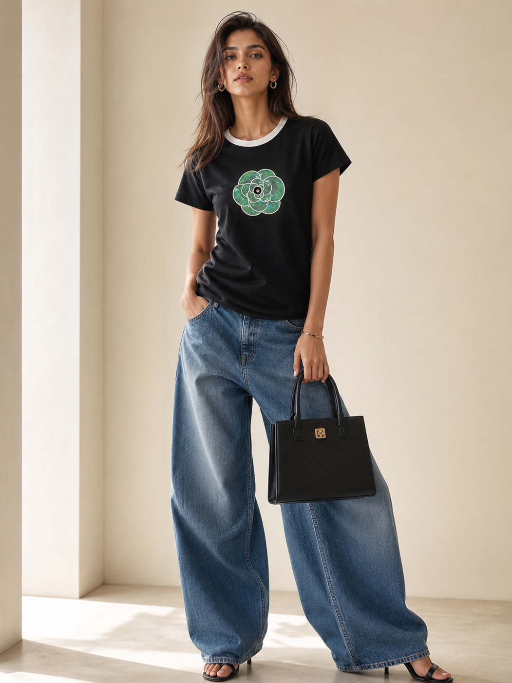 Print Cotton Lycra Flower CH T-Shirt, black with white neckline, Branded TOPS on sale