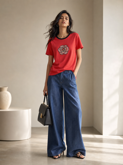 Print Cotton Lycra Flower CH T-Shirt, red short-sleeve top with black neckline trim and floral graphic