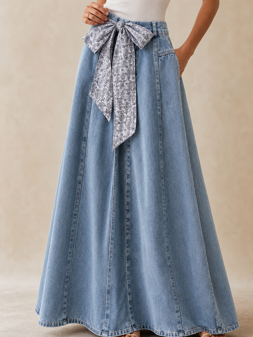 Soft Horizon Denim A-Line Skirt in light blue denim with a large paisley sash belt.