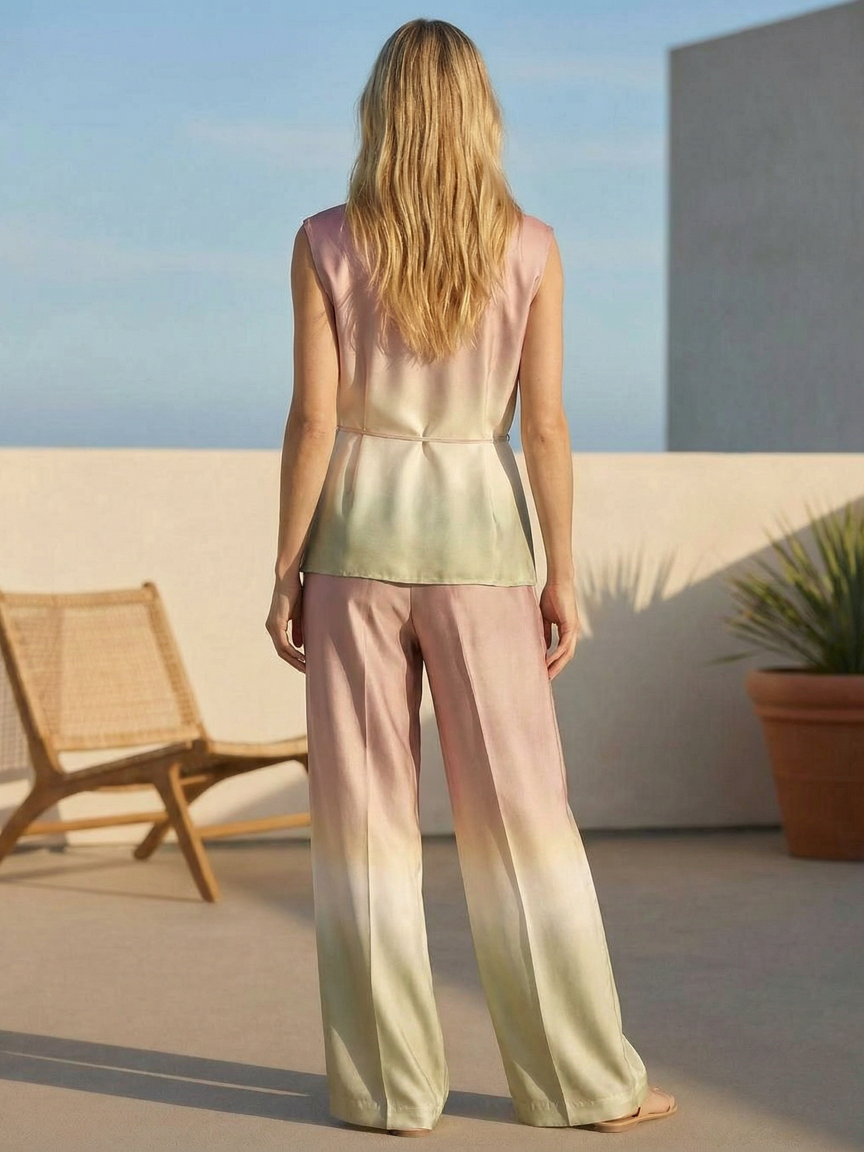 Pastel Ombré Satin Wrap Top and Wide‑Leg Pants Co‑ord Set
