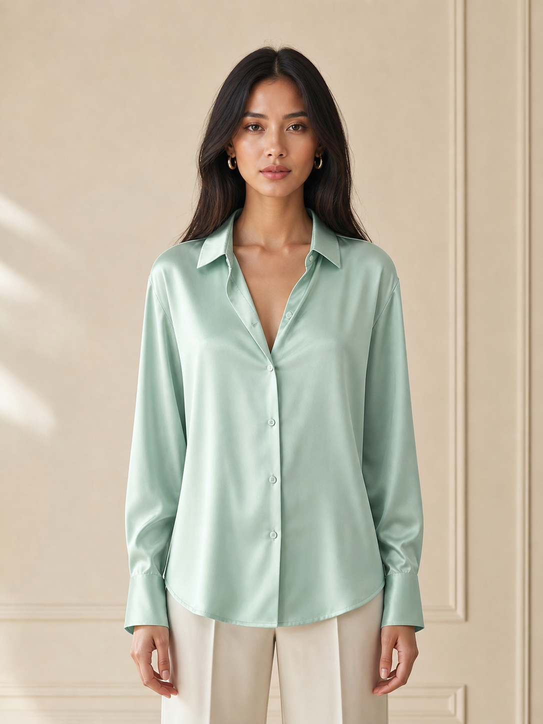 Plain Cotton Shirt in mint green, button-down with long sleeves.