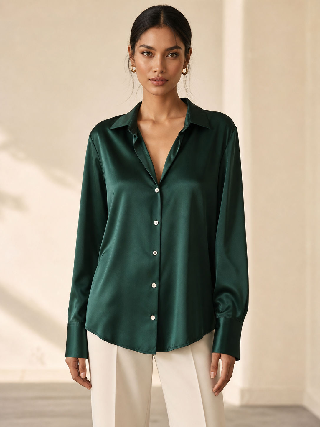 Plain shirt by Exclusives in emerald green satin with white button placket
