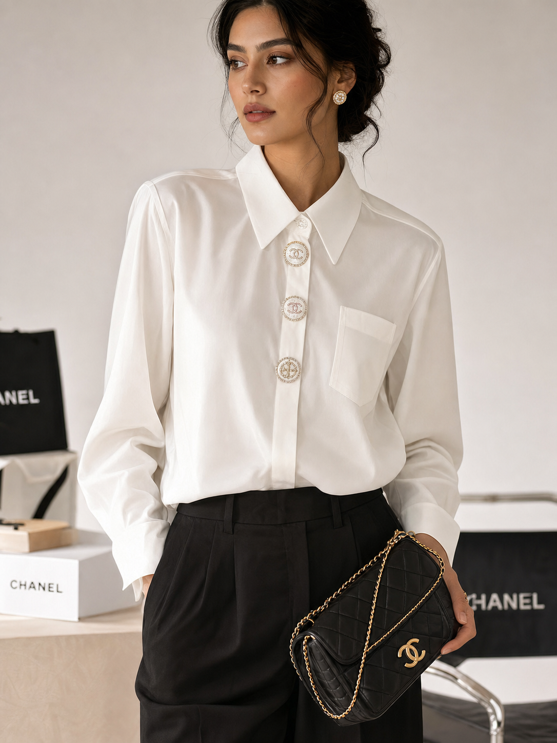 Print C H plain cotton shirt, white with gold Chanel logo buttons; Branded TOPS on sale