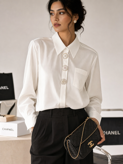 Print C H plain cotton shirt, white with gold Chanel logo buttons; Branded TOPS on sale