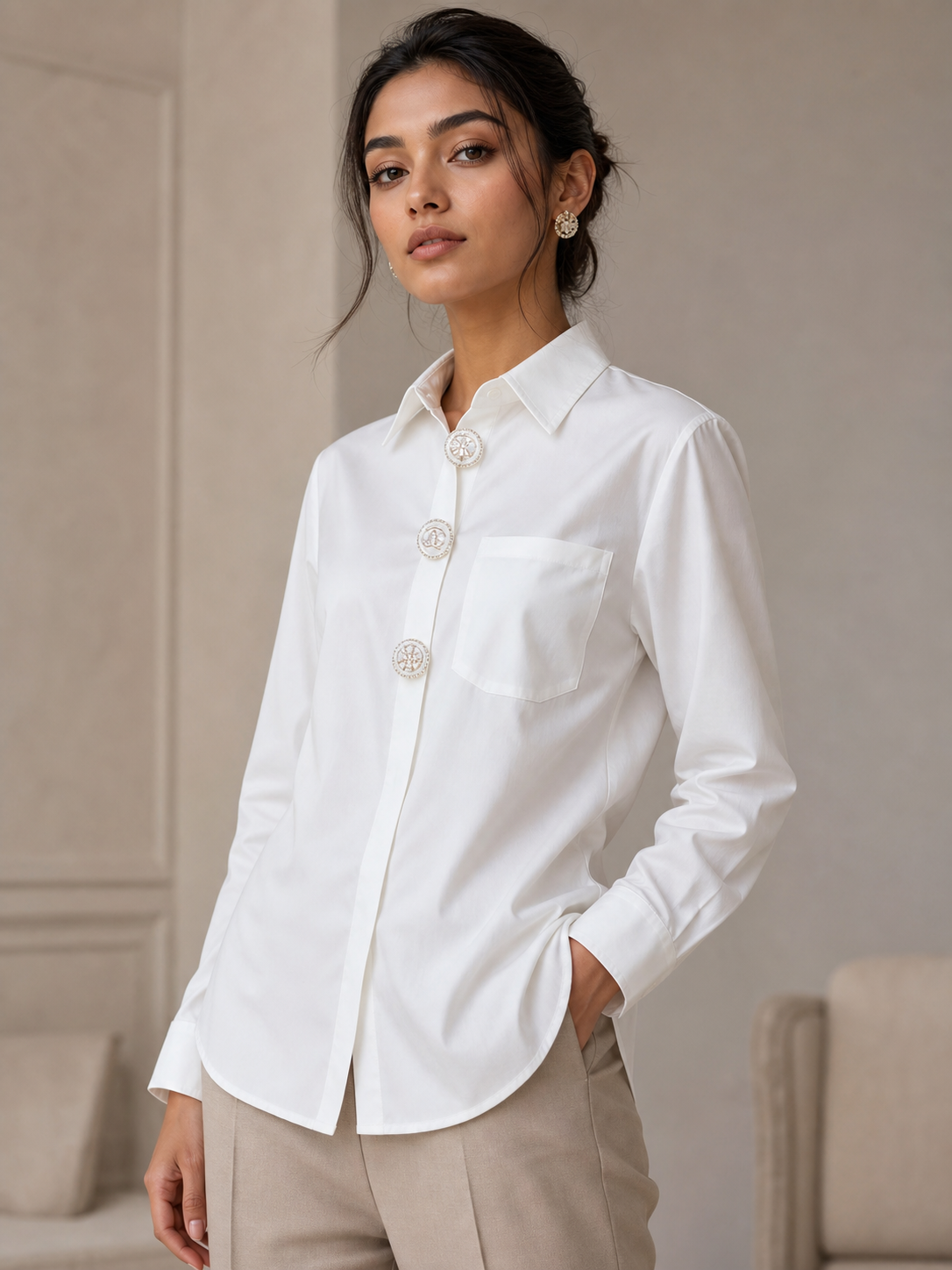 Print C H plain cotton shirt, white, long-sleeve with chest pocket and decorative round buttons