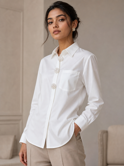 Print C H plain cotton shirt, white, long-sleeve with chest pocket and decorative round buttons