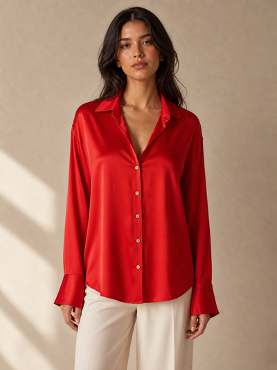 Plain red cotton shirt with button-down front and wide cuffed sleeves