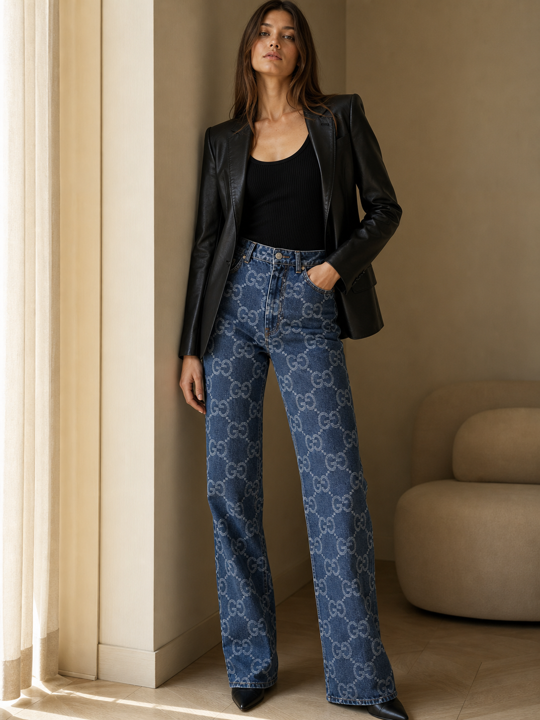Denim Printed Wide Leg Pants in blue denim with an allover logo pattern by Exclusives