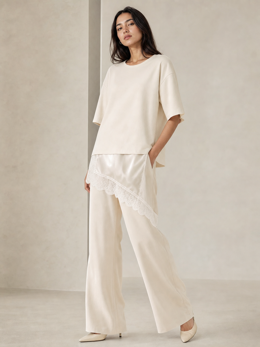 Asymmetric-hem ivory top with matching satin pants featuring lace trim, 2-piece set
