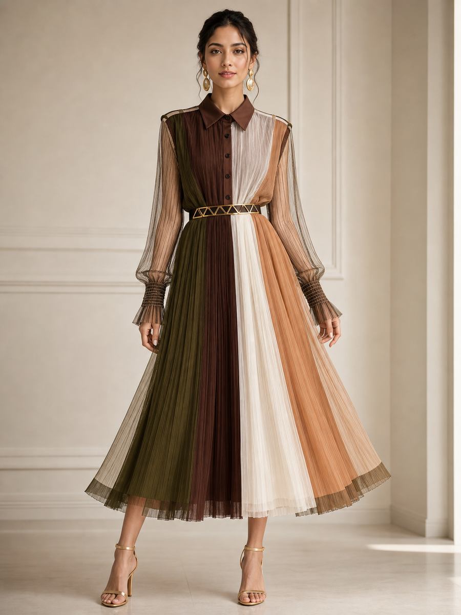 EXCLUSIVES brown multicolor midi dress with belt, color-block pleated skirt and sheer long sleeves.