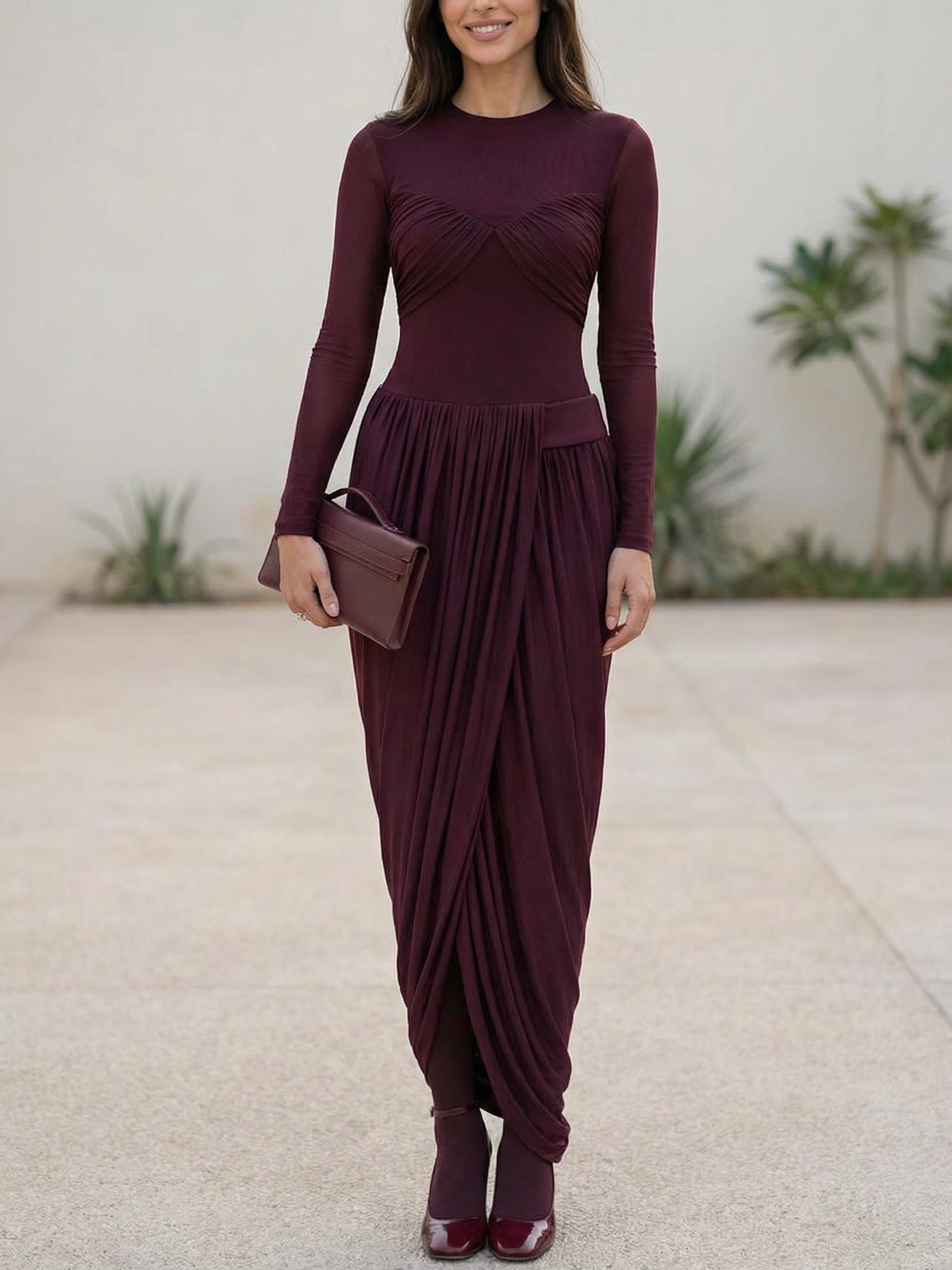 Draped Pleat Long-Sleeve Maxi Dress in burgundy, features ruched bodice and draped skirt, on sale.