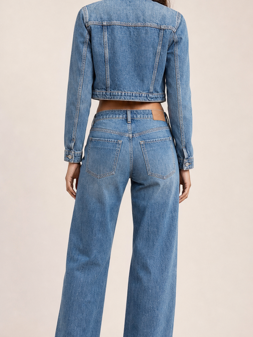 Denim waist coat & wide-leg pant coord set in blue denim by EXCLUSIVES