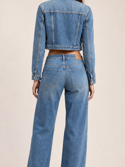 Denim waist coat & wide-leg pant coord set in blue denim by EXCLUSIVES
