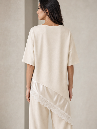 Exclusives beige asymmetric-hem t-shirt top with lace applique
