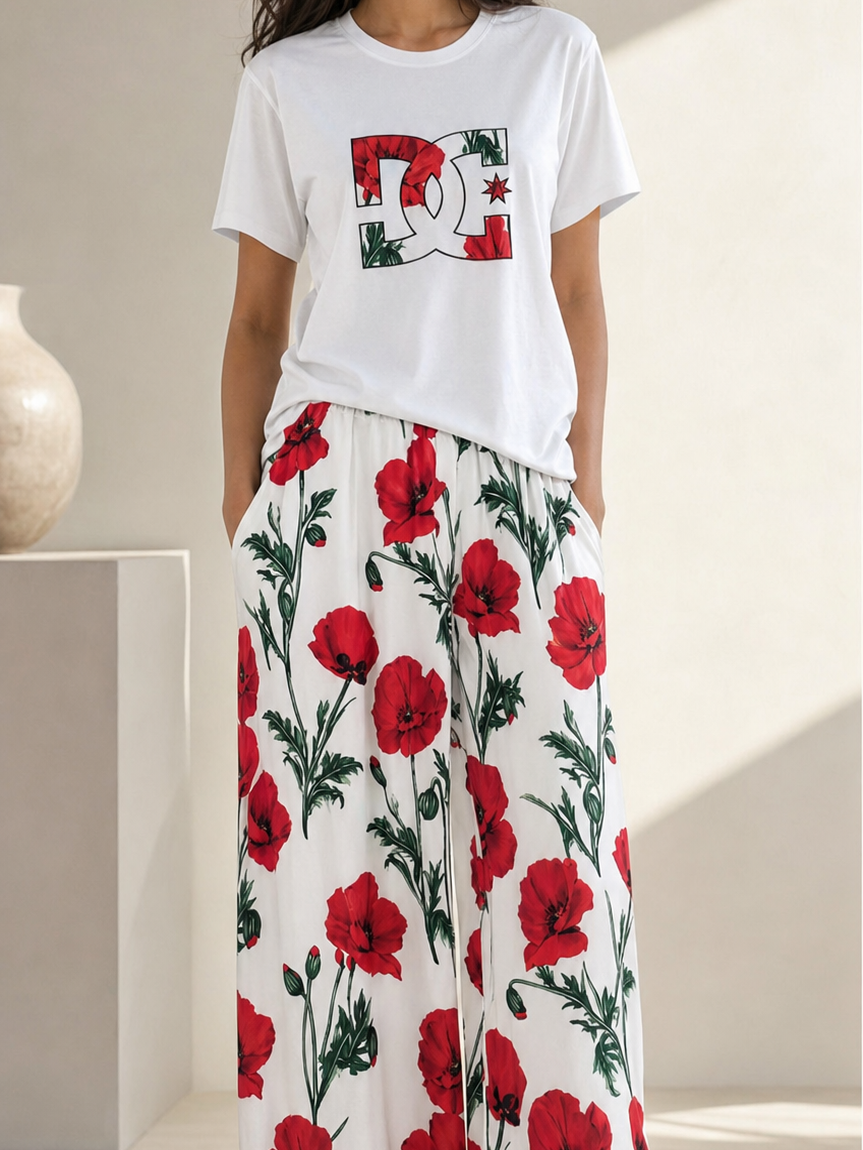 Floral Print T‑Shirt & Wide‑Leg Pants Coord Set by Branded, white top with red poppy-print pants.