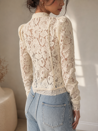 Victorian Lace High-Neck Blouse by Exclusives, cream floral lace top.