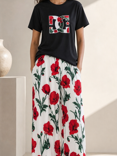 Floral Print T Shirt & Wide Leg Pants Coord Set, black tee with floral logo and white pants with red flowers