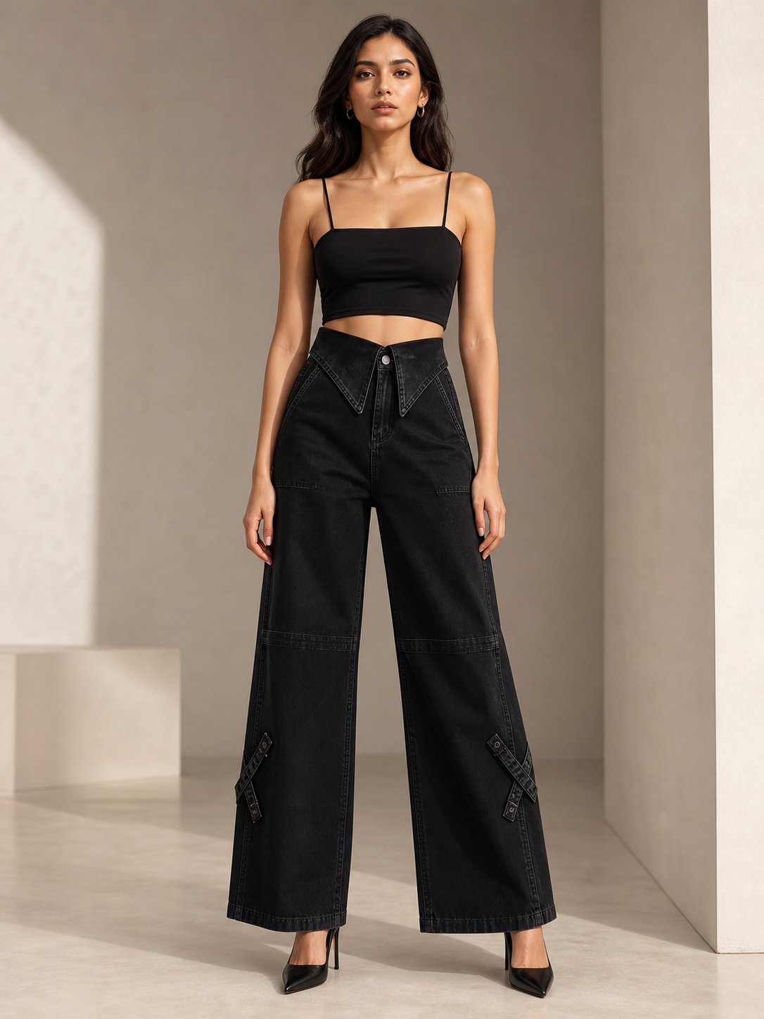 Carbon Black Fold Waist Denim Jeans, EXCLUSIVES on sale, wide-leg black denim pants