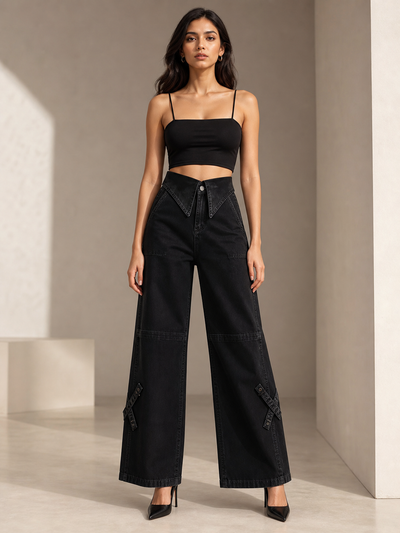 Carbon Black Fold Waist Denim Jeans, EXCLUSIVES on sale, wide-leg black denim pants