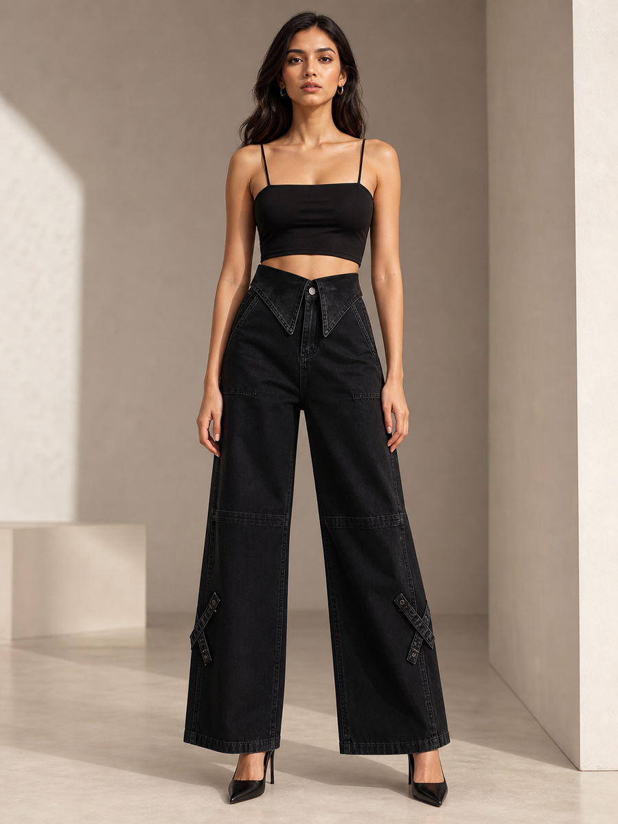 Carbon Black Fold Waist Denim Jeans, EXCLUSIVES on sale, wide-leg black denim pants