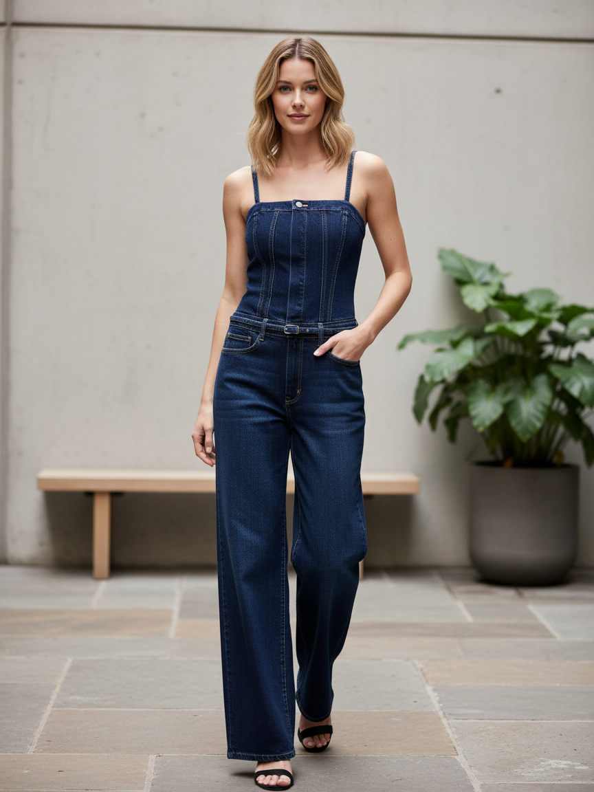 Dark blue denim jumpsuit with corset-style bodice, straps, belt at waist, and wide-leg legs worn by a model outdoors.
