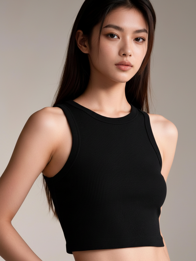 Exclusives Sleeveless Ribbed Crop Tank Top, black ribbed fabric, cropped fit
