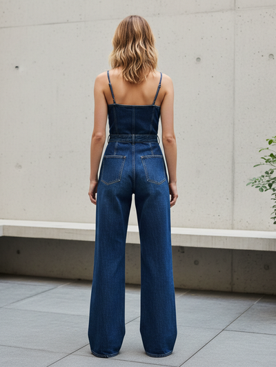 Back view of a model in dark blue corset-style denim jumpsuit with thin straps and wide legs outdoors by concrete wall.