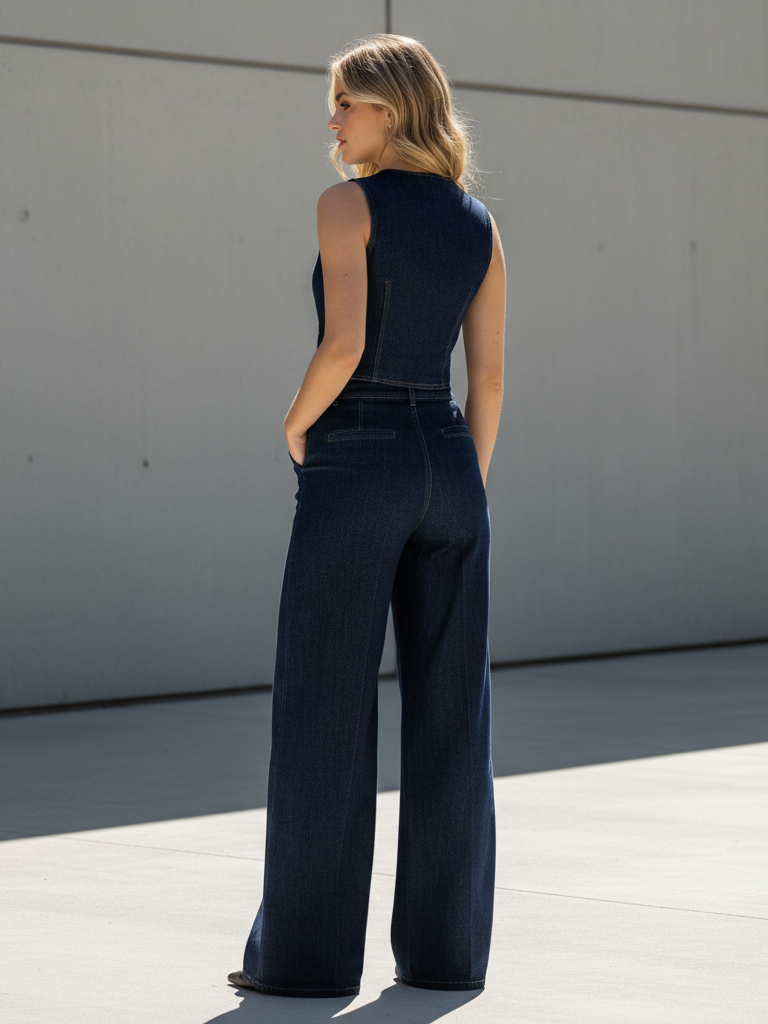 Back view of a model in dark indigo denim waistcoat and wide-leg trousers; sleeveless top, high-waisted fit, rear pockets.