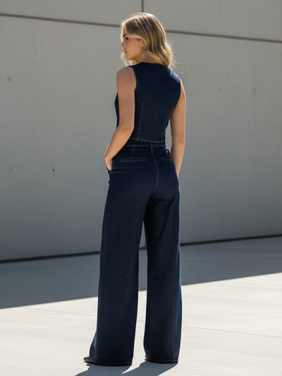 Back view of a model in dark indigo denim waistcoat and wide-leg trousers; sleeveless top, high-waisted fit, rear pockets.