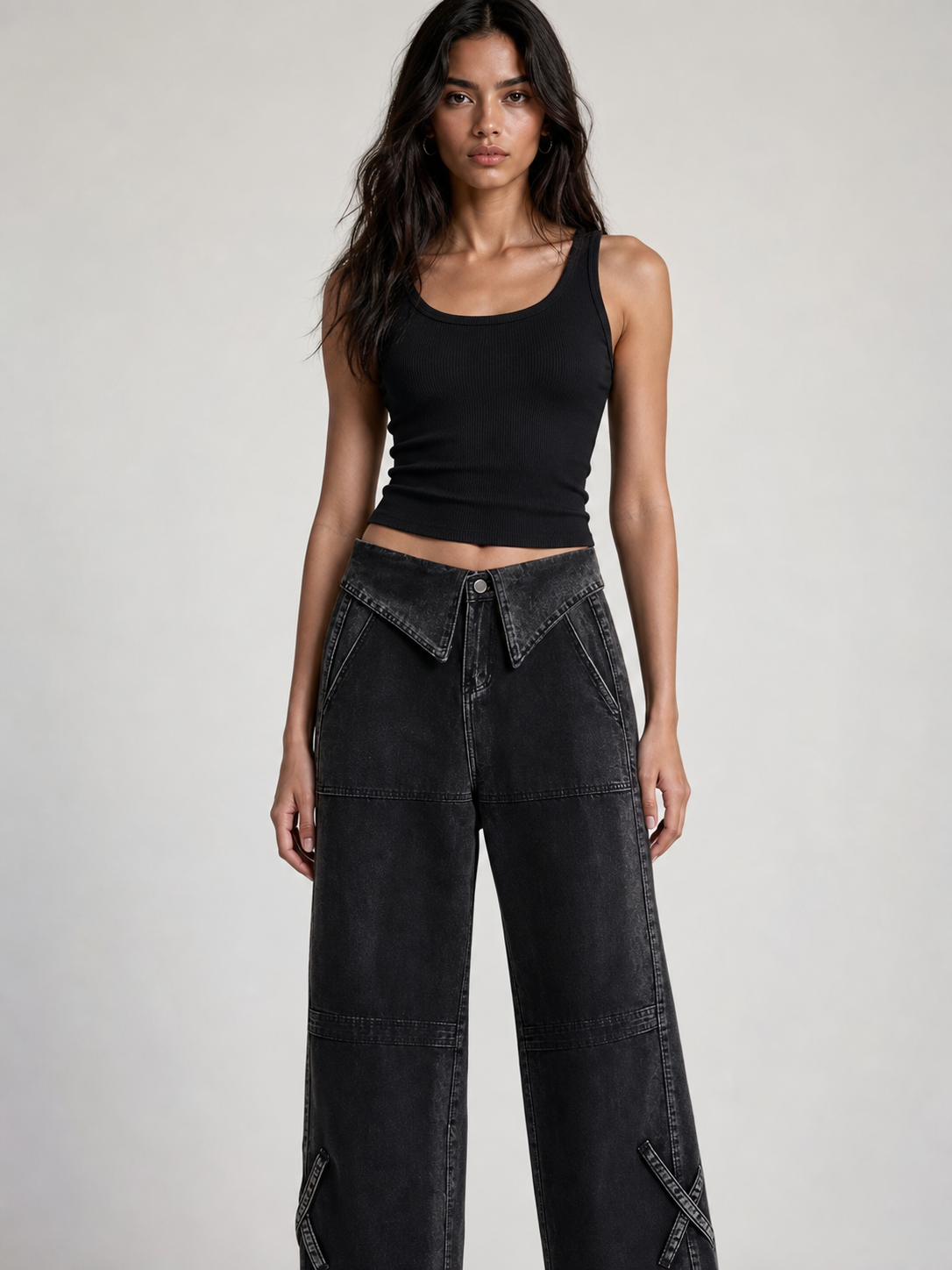 Pants: carbon black fold-waist denim jeans, on sale, wide-leg silhouette