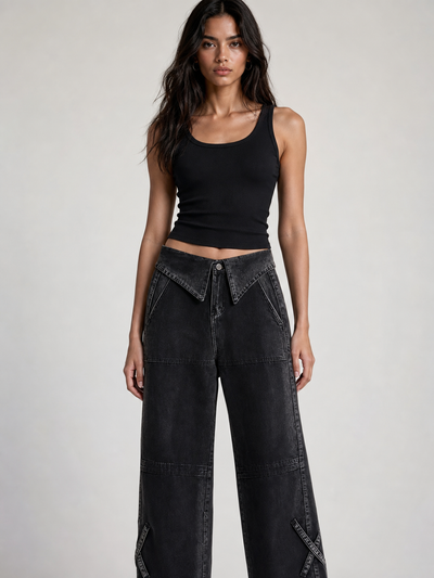 Pants: carbon black fold-waist denim jeans, on sale, wide-leg silhouette